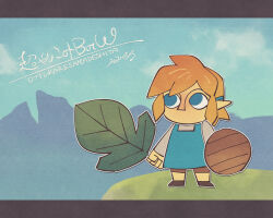 Rule 34 | 1boy, arms at sides, blonde hair, blue eyes, blue shirt, blue sky, blush, brown footwear, brown shorts, character cutout, chibi, clenched hand, cloud, copyright name, dated, day, full body, grey sleeves, hair tie, holding, holding leaf, holding shield, leaf, letterboxed, light blush, link, looking to the side, looking up, male focus, mountainous horizon, nintendo, no mouth, nose blush, orange hair, outdoors, outline, pointy ears, ponytail, raglan sleeves, romaji text, shield, shirt, shoes, shorts, sidelocks, sky, solo, standing, style request, the legend of zelda, the legend of zelda: breath of the wild, translation request, ukata, white outline