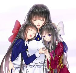 Rule 34 | 3girls, apron, aya drevis, black hair, dress, expressionless, closed eyes, hand on another&#039;s head, holding hands, hug, long hair, mad father, multiple girls, multiple persona, purple eyes, ribbon, smile, spoilers, time paradox, very long hair