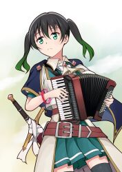 Rule 34 | 1girl, absurdres, accordion, ascot, asdasun1, belt, black hair, black thighhighs, blue cape, brown belt, cape, closed mouth, coat, collared coat, commentary request, gradient hair, green eyes, green hair, green skirt, hair between eyes, highres, holding, holding instrument, instrument, looking afar, love live!, love live! nijigasaki high school idol club, medium hair, multicolored hair, pleated skirt, short sleeves, sidelocks, skirt, solo, standing, sword, takasaki yu, takasaki yu, thighhighs, twintails, upper body, weapon, white ascot, white coat, zettai ryouiki