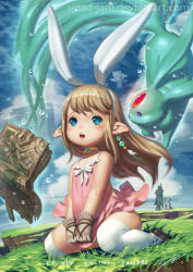 Rule 34 | 10s, 1girl, animal ears, blonde hair, blue eyes, book, bow, carbuncle (final fantasy), choker, chromatic aberration, clothes pull, dark knight (final fantasy), day, dress, dress pull, fake animal ears, final fantasy, final fantasy xiv, floating, gloves, grass, hair bow, highres, kneeling, lalafell, looking at viewer, open mouth, outdoors, panties, pantyshot, pointy ears, rabbit ears, short dress, sinad aruatjanapat, sitting, solo focus, spread legs, thighhighs, underwear, watermark, web address, white mage (final fantasy), white thighhighs