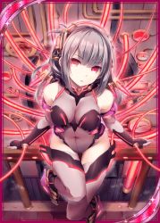 Rule 34 | 1girl, against railing, akkijin, bodysuit, cable, card (medium), covered collarbone, engine, from above, full body, gauge, glint, glowing, grey hair, grey thighhighs, hair between eyes, halterneck, head tilt, legs together, leotard, looking at viewer, machinery, mecha musume, neon trim, official art, parted bangs, railing, red eyes, shinkai no valkyrie, sitting, skin tight, solo, sparkle, thighhighs