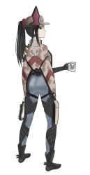 Rule 34 | 1girl, absurdres, ass, blush, boots, brown eyes, brown hair, camouflage, capelet, cup, expressionless, fingerless gloves, from behind, gloves, hat, highres, kai schren, lobaraptor, long hair, looking at viewer, military, military uniform, mug, pants, ponytail, senjou no valkyria (series), senjou no valkyria 4, shiny clothes, solo, uniform
