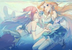 Rule 34 | 2girls, absurdres, alternate costume, artist name, bare shoulders, beads, blonde hair, blush, breasts, character request, detached sleeves, earrings, eye contact, fins, fish, from side, hair ornament, head fins, highres, holding, holding microphone, jewelry, large breasts, league of legends, long hair, long sleeves, looking at another, mermaid, microphone, monster girl, multiple girls, nami (league of legends), necklace, parted lips, prestige ocean song seraphine, red hair, ruan chen yue, sandals, scales, seraphine (league of legends), shell, shoes, skirt, star (symbol), thighhighs, underwater