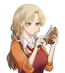 Rule 34 | 1girl, absurdres, apron, artist name, blonde hair, green scrunchie, hair ornament, hair scrunchie, highres, holding, holding knife, hyenco, knife, mixed-language commentary, murashige yuzuki, necktie, orange sweater, potato, red necktie, scrunchie, simple background, skip to loafer, smile, solo, sweater, upper body, white background, yellow eyes
