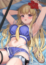 Rule 34 | 1girl, :d, absurdres, armpits, arms up, bad id, bad pixiv id, bikini, blonde hair, blue bikini, breasts, commission, fletcher (kancolle), flower, hair flower, hair ornament, highres, kantai collection, kokenashi, large breasts, long hair, looking at viewer, lying, navel, neckerchief, necktie, net, official alternate costume, on back, open mouth, purple eyes, skeb commission, smile, solo, swimsuit, thigh strap, wet, yellow neckerchief