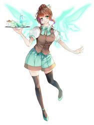 Rule 34 | 1girl, black thighhighs, brown hair, brown vest, chain paradox, cup, energy wings, green eyes, green footwear, hair ornament, hair stick, hair up, highres, holding, holding tray, looking at viewer, mitoma mao, nozaki siryu, puffy short sleeves, puffy sleeves, short sleeves, sidelocks, smile, standing, teacup, teapot, thighhighs, tray, vest, wings