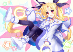 1girl black_pantyhose blonde_hair breasts cosplay fate_testarossa hair_ribbon long_hair looking_at_viewer lyrical_nanoha mahou_shoujo_lyrical_nanoha mahou_shoujo_lyrical_nanoha_a&#039;s open_mouth pantyhose raiou red_eyes ribbon simple_background small_breasts smile solo