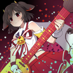 Rule 34 | 10s, 1girl, animal ears, bell, brown hair, cow ears, electric guitar, empty eyes, fingerless gloves, gloves, gradient background, guitar, hinnu@ao, holmy (show by rock!!), horns, instrument, looking at viewer, midriff, red eyes, red skirt, ribbon, short hair, show by rock!!, skirt, smile, solo, star (symbol), starry background, suspenders, white gloves