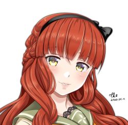 Rule 34 | 1girl, beige shirt, black hairband, blunt bangs, braid, commentary request, dated, de ruyter (kancolle), green sailor collar, hairband, head tilt, highres, kantai collection, lips, long hair, looking at viewer, one-hour drawing challenge, parted lips, red hair, sailor collar, sailor shirt, school uniform, serafuku, shirt, side braid, signature, simple background, smile, solo, tk8d32, wavy hair, white background, yellow eyes