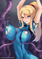 Rule 34 | 1girl, artist name, blonde hair, blue eyes, bodysuit, grabbing another&#039;s breast, breasts, covered erect nipples, covered navel, grabbing, hm (hmongt), inverted nipples, large breasts, metroid, mole, mole under mouth, nintendo, nipples, open mouth, ponytail, restrained, samus aran, skin tight, tentacles, torn bodysuit, torn clothes, watermark, web address, zero suit