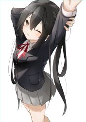 Rule 34 | 1girl, absurdres, arms up, black hair, black jacket, blazer, brown eyes, collared shirt, commentary request, cowboy shot, from above, grey skirt, hair between eyes, hand on own arm, highres, holding own arm, jacket, k-on!, long hair, looking at viewer, nakano azusa, neck ribbon, one eye closed, pleated skirt, pocket, red ribbon, ribbon, sakuragaoka high school uniform, school uniform, shirt, sidelocks, simple background, skirt, standing, thighs, tntl nemui, twintails, white background, white shirt