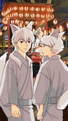 Rule 34 | 2boys, animal, animal ears, arm up, bag, bagged fish, brothers, cowboy shot, fish, grey hair, highres, holding, long hair, long sleeves, looking at viewer, male focus, mononoke hime, moro no ichizoku, multiple boys, night, obi, personification, photo background, profile, rikaco1988, sash, short hair, siblings, summer festival, tail, white hair, wolf boy, wolf ears, wolf tail