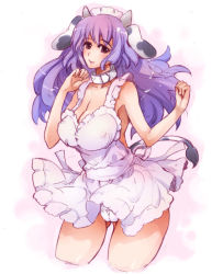 Rule 34 | 1girl, animal ears, animal print, apron, bare shoulders, blush, breasts, cameltoe, cleavage, collar, collarbone, cow print, female focus, frilled apron, frills, gluteal fold, hands up, horns, large breasts, leash, legs apart, long hair, looking at viewer, maid, maid apron, momiji mao, naked apron, nearly naked apron, panties, pantyshot, parted lips, purple eyes, purple hair, simple background, solo, tail, underwear