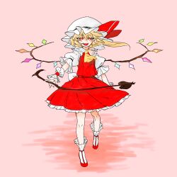 Rule 34 | 1girl, ascot, blonde hair, collared shirt, commentary request, crystal, flandre scarlet, flat chest, frilled shirt collar, frilled skirt, frilled sleeves, frills, full body, gedougawa, hair between eyes, hat, hat ribbon, laevatein (touhou), long hair, looking at viewer, medium bangs, mob cap, one side up, open mouth, orange eyes, pink background, puffy short sleeves, puffy sleeves, red footwear, red ribbon, red skirt, red vest, ribbon, shirt, shoes, short sleeves, skirt, skirt set, smile, solo, teeth, touhou, upper teeth only, vest, walking, white hat, white shirt, wings, wrist cuffs, yellow ascot