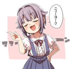 Rule 34 | 1girl, :d, blue skirt, blush, brown ribbon, center frills, closed eyes, collared shirt, commentary request, facing viewer, frills, grey hair, hair flaps, hair intakes, hand on own hip, hand up, highres, idolmaster, idolmaster cinderella girls, index finger raised, koshimizu sachiko, leaning to the side, neck ribbon, open mouth, pink background, pleated skirt, puffy short sleeves, puffy sleeves, ribbon, shirt, short sleeves, skirt, smile, solo, suspender skirt, suspenders, translation request, two-tone background, white background, white shirt, yukie (kusaka shi)