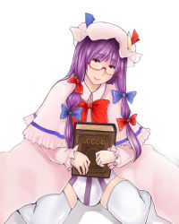 Rule 34 | 1girl, akitsuchi shien, bad id, bad pixiv id, book, bow, dress, female focus, glasses, hair bow, long hair, patchouli knowledge, purple eyes, purple hair, ribbon, simple background, smile, solo, touhou, white background