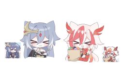 Rule 34 | animal hands, bag, bare shoulders, black sports bra, brown bag, chibi, chibi inset, chinese clothes, claws, closed eyes, closed mouth, detached sleeves, elbow gloves, eyeliner, fu hua, fu hua (garuda), gloves, hair between eyes, highres, holding, holding bag, honkai (series), honkai impact 3rd, long hair, low-tied long hair, low twintails, makeup, multicolored hair, open mouth, paper bag, red eyeliner, red gloves, red hair, red rope, red scales, rope, scales, simple background, sports bra, sportswear, streaked hair, twintails, two-tone hair, very long hair, white background, white hair, xtx mercury
