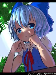 Rule 34 | 1girl, :c, artist name, bad id, bad twitter id, blue eyes, blue hair, border, bow, cirno, colorized, dated, dress, hair bow, letterboxed, matching hair/eyes, puffy sleeves, pyonsuke (pyon2 mfg), short hair, short sleeves, sketch, solo, sunlight, table, touhou, tree shade, vest