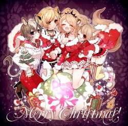 Rule 34 | 4girls, :d, animal ears, bad id, bad pixiv id, black choker, blonde hair, blush, boots, breasts, brown footwear, brown hair, candy, candy cane, character request, choker, citti (show by rock!!), cleavage, closed eyes, closed mouth, fennery (show by rock!!), fingernails, food, fur trim, gift, high heel boots, high heels, hug, hug from behind, jewelry, kneeling, laina (show by rock!!), legs together, mamaloni, merry christmas, multiple girls, nail polish, necklace, open mouth, pants, purple eyes, red nails, red pants, sack, shoes, show by rock!!, smile, tail, thighhighs, yellow neckwear