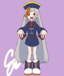 Rule 34 | 1girl, 37 pe, black eyes, blue dress, dress, grey hair, hat, highres, jiangshi costume, long hair, long sleeves, looking at viewer, no nose, ofuda, original, outstretched arms, purple background, qingdai guanmao, shoes, smile, solo, talisman, tongue, tongue out, very long hair, zombie pose