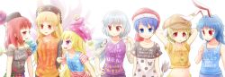 Rule 34 | 6+girls, :3, adapted costume, alternate costume, animal ears, blonde hair, blue eyes, blue hair, blush, blush stickers, rabbit ears, cabbie hat, chain, clothes writing, clownpiece, contemporary, dango, disney, doremy sweet, earth (ornament), english text, flat cap, floppy ears, food, fox tail, hat, hecatia lapislazuli, highres, jester cap, junko (touhou), kishin sagume, legacy of lunatic kingdom, long hair, long sleeves, looking at another, looking at viewer, mickey mouse, midriff, moon (ornament), morioka itari, multiple girls, multiple tails, navel, nightcap, off shoulder, open mouth, orange eyes, orange shirt, profile, purple eyes, red eyes, red hair, ringo (touhou), seiran (touhou), shirt, short hair, short sleeves, silver hair, simple background, single wing, skewer, sleeveless, smile, sweatdrop, t-shirt, tail, tapir tail, touhou, upper body, wagashi, white background, wings