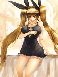 Rule 34 | 1girl, alternate breast size, arc system works, blazblue, blonde hair, earrings, gond, jewelry, long hair, nightgown, aged up, rachel alucard, red eyes, solo, twintails, very long hair