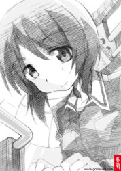Rule 34 | 10s, 1girl, girls und panzer, gofu, greyscale, looking at viewer, military, military uniform, monochrome, nishizumi miho, short hair, sketch, smile, solo, throat microphone, traditional media, uniform
