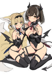Rule 34 | 2girls, animal ears, arknights, black panties, black shirt, black sleeves, black thighhighs, blonde hair, blush, bound, bound wrists, bow, bow panties, braid, breasts, brown hair, cleavage, collar, colored tips, cuffs, demon horns, demon tail, detached sleeves, earrings, fox ears, fox girl, fox tail, green eyes, halloween costume, highres, horns, jewelry, kitsune, large breasts, long hair, looking at viewer, low wings, magallan (arknights), multicolored hair, multiple girls, multiple tails, navel, no pants, off-shoulder shirt, off shoulder, panties, seiza, shackles, shirt, short hair, sigm@, sitting, sketch, small breasts, stomach, streaked hair, suzuran (arknights), sweatdrop, tail, thighhighs, underwear, unfinished, wings, yellow eyes