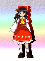 Rule 34 | 1girl, absurdres, ascot, black hair, blunt bangs, bow, brown footwear, closed mouth, collared shirt, commentary request, frilled ascot, frilled bow, frilled hair tubes, frilled shirt collar, frilled skirt, frills, full body, hair bow, hair tubes, hakurei reimu, happy, highres, juliet sleeves, kneehighs, loafers, long hair, long sleeves, monodoku, puffy sleeves, red bow, red eyes, red ribbon, red skirt, red vest, ribbon, ribbon-trimmed sleeves, ribbon trim, shirt, shoes, sidelocks, skirt, sleeve ribbon, smile, socks, solo, touhou, undershirt, vest, white shirt, white socks, wide sleeves, yellow ascot, zun (style)