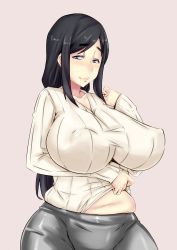 Rule 34 | 1girl, bad id, bad tumblr id, black hair, blue eyes, blush, breasts, clothes lift, covered erect nipples, eyebrows, grandmastag, highres, huge breasts, long hair, mature female, muffin top, navel, original, plump, ribbed sweater, solo, sweater, sweater lift
