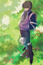 Rule 34 | 2boys, :d, backpack, bag, between legs, black eyes, black hair, black pants, brothers, child, hands in pockets, highres, hood, hoodie, hunter x hunter, illumi zoldyck, jacket, killua zoldyck, looking at another, looking down, male focus, multiple boys, open mouth, pants, plant, purple jacket, short hair, siblings, smile, standing, thicopoyo, white hair, aged down
