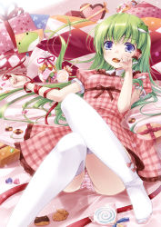 Rule 34 | 1girl, alternate costume, argyle, blue eyes, candy, checkerboard cookie, cookie, female focus, food, frog, gift, green hair, hair ornament, heart, highres, knees together feet apart, kochiya sanae, lollipop, long hair, md5 mismatch, miyase mahiro, panties, resolution mismatch, ribbon, snake, solo, source smaller, striped clothes, striped panties, swirl lollipop, thighhighs, touhou, underwear, white thighhighs