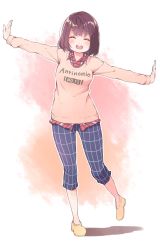 Rule 34 | 1girl, :d, ^ ^, airplane arms, bad id, bad pixiv id, blue pants, bob cut, brown hair, brown sweater, capri pants, closed eyes, collared shirt, full body, highres, light blush, nirareba, no socks, open mouth, original, outstretched arms, pants, plaid, plaid shirt, red shirt, shirt, short hair, smile, solo, spread arms, spread armsred shirt, sweater, teeth, upper teeth only