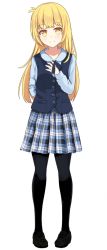 Rule 34 | 1girl, bad id, bad pixiv id, beifeng han, blonde hair, cyou shigen, long hair, looking at viewer, original, pantyhose, plaid, plaid skirt, school uniform, simple background, skirt, solo, white background, yellow eyes