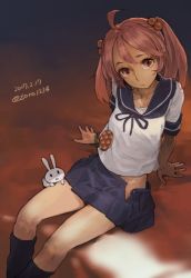 Rule 34 | 10s, 1girl, 2017, arm support, badge, dated, frilled skirt, frills, hair bobbles, hair ornament, highres, kantai collection, kneehighs, looking at viewer, no panties, open clothes, open skirt, pink eyes, pink hair, rabbit, sazanami (kancolle), school uniform, serafuku, short hair, sitting, skirt, socks, solo, thighs, toro (konirio), twintails, twitter username, unbuttoned, unfastened