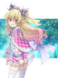 Rule 34 | 1girl, blonde hair, cloak, colored eyelashes, commentary request, double bun, elf, from side, grin, hair between eyes, hair bun, heart, highres, looking at viewer, looking to the side, original, pink cloak, pink skirt, plaid, plaid cloak, plaid skirt, pleated skirt, pointy ears, purple eyes, shirt, skirt, smile, solo, somechime (sometime1209), standing, thighhighs, tiara, tree, two side up, white shirt, white thighhighs, wrist cuffs