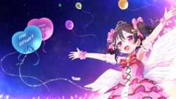 Rule 34 | 1girl, :d, balloon, black hair, bow, character name, commentary request, dated, detached sleeves, dress, fang, feathered wings, feathers, glowstick, hair bow, hair ornament, happy birthday, heart, heart balloon, heart hair ornament, highres, kokone (coconeeeco), love live!, love live! school idol festival, love live! school idol project, low wings, multiple wings, open mouth, outstretched arms, pink bow, pink dress, puffy short sleeves, puffy sleeves, red bow, red eyes, short sleeves, sidelocks, smile, solo, spread arms, striped, striped bow, tiara, twintails, white feathers, white sleeves, white wings, wings, wrist cuffs, x hair ornament, yazawa nico