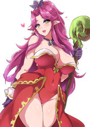 Rule 34 | 1girl, angela (seiken densetsu 3), bare shoulders, bolobolo, breasts, cameltoe, cleavage, cleft of venus, covered navel, crown, earrings, female focus, gloves, green eyes, hair intakes, heart, highres, holding, holding staff, jewelry, large breasts, leotard, light blush, long hair, looking at viewer, necklace, open mouth, parted bangs, pointy ears, purple gloves, purple hair, red leotard, seiken densetsu, seiken densetsu 3, sidelocks, smile, solo, square enix, staff, standing, swept bangs, teeth, thick thighs, thighs, tongue, upper teeth only, white background