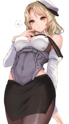 Rule 34 | 1girl, asymmetrical bangs, bare shoulders, black pantyhose, blonde hair, breasts, cleavage, cleavage cutout, clothing cutout, corset, detached sleeves, from below, heart, houston (kancolle), kantai collection, lips, looking at viewer, looking down, medium breasts, pantyhose, parted lips, pencil skirt, shin guards, short hair, side slit, simple background, skirt, solo, spoken heart, swept bangs, utopia, wavy hair, white background, yellow eyes