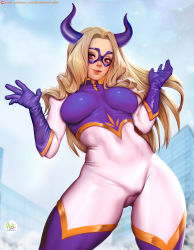Rule 34 | 1girl, bodysuit, boku no hero academia, breasts, cameltoe, closed mouth, covered navel, didi esmeralda, domino mask, fake horns, gloves, highres, horns, impossible clothes, large breasts, legs, long hair, looking at viewer, mask, mount lady, outdoors, pink eyes, sidelocks, silver hair, skin tight, smile, solo, standing, mount lady, upper body