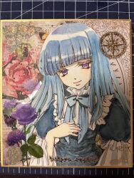 Rule 34 | 1girl, blue bow, blue hair, blunt bangs, bow, closed mouth, collage, colored eyelashes, dress, dress bow, eyelashes, flat chest, flower, frederica bernkastel, frilled dress, frilled sleeves, frills, hair over shoulder, hand on own chest, highres, hime cut, lolita fashion, long hair, long sleeves, looking at viewer, painting (medium), photo (medium), picture frame, puffy sleeves, purple eyes, shikishi, sidelocks, sirase souya, smile, solo, straight hair, traditional media, umineko no naku koro ni, upper body, watercolor (medium), wide sleeves