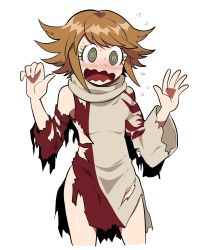 Rule 34 | 1boy, @ @, alternate costume, blush, brown hair, commentary, danganronpa: trigger happy havoc, danganronpa (series), embarrassed, flying sweatdrops, fujisaki chihiro, furukawa (yomawari), hands up, highres, long sleeves, male focus, open mouth, scarf, short hair, simple background, single bare shoulder, solo, torn clothes, wavy mouth, white background
