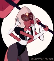 Rule 34 | 1girl, bow, bowtie, cowboy shot, dark skin, dark-skinned female, dummertraumer, elbow gloves, extra arms, extra eyes, forehead jewel, full body, gloves, hammer, ok sign, pantyhose, puffy short sleeves, puffy sleeves, sardonyx (steven universe), short sleeves, smile, solo, steven universe, sunglasses, weapon, white gloves
