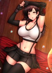 Rule 34 | 1girl, arm up, armpits, bare shoulders, belt, black gloves, black skirt, blush, breasts, brown eyes, brown hair, collarbone, earrings, elbow gloves, elbow pads, final fantasy, final fantasy vii, final fantasy vii remake, fingerless gloves, gloves, highres, jewelry, large breasts, long hair, looking at viewer, navel, open mouth, shirt, skirt, solo, stretching, suspender skirt, suspenders, tank top, taut clothes, taut shirt, thighhighs, thighs, tifa lockhart, umasan, white tank top