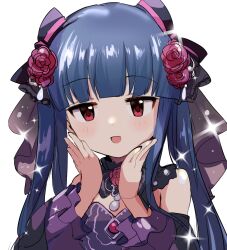 Rule 34 | 1girl, :d, armpit crease, black bow, blue hair, blunt bangs, blush, bow, collar, commentary request, detached sleeves, dodotsuki, dot nose, dress, flower, frilled collar, frilled sleeves, frills, hair bow, hair flower, hair ornament, hands on own cheeks, hands on own face, hands up, highres, idolmaster, idolmaster cinderella girls, long hair, looking at viewer, open mouth, purple dress, purple flower, purple rose, purple sleeves, red eyes, rose, sajo yukimi, sidelocks, simple background, smile, solo, sparkle, straight hair, twintails, upper body, white background