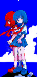 Rule 34 | 2girls, absurdres, blue background, blue eyes, blue footwear, blue hair, blue nails, blue sailor collar, blush, bottle, closed mouth, cloud, commentary request, cumulonimbus cloud, edanoma meu, floating hair, from side, half-closed eyes, hand on own hip, highres, holding hands, light smile, looking at viewer, medium hair, multiple girls, neckerchief, original, pink shirt, pleated skirt, polar opposites, profile, red eyes, red footwear, red hair, red nails, red neckerchief, red sailor collar, sailor collar, shirt, shoes, short sleeves, side-by-side, skirt, spill, standing, undone neckerchief, water bottle, white shirt