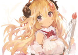 Rule 34 | 1girl, absurdres, blonde hair, bow, bowtie, breasts, brooch, detached sleeves, dress, fur-trimmed dress, fur-trimmed sleeves, fur trim, hair ornament, hairclip, harp, highres, hololive, horns, instrument, jewelry, kaamin (mariarose753), long hair, looking at viewer, purple eyes, sheep girl, sheep horns, sleeveless, sleeveless dress, smile, solo, tsunomaki watame, tsunomaki watame (1st costume), very long hair, virtual youtuber, white dress