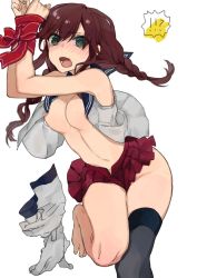Rule 34 | !?, 10s, 1girl, @ @, arms up, assisted exposure, bdsm, black thighhighs, blush, bondage, bound, bound wrists, braid, breasts, brown hair, cleavage, gloves, unworn gloves, green eyes, hita (hitapita), kantai collection, looking at viewer, miniskirt, navel, noshiro (kancolle), open clothes, open mouth, red ribbon, ribbon, simple background, single thighhigh, skirt, solo, thighhighs, twin braids, white background