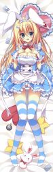 Rule 34 | 1girl, absurdres, alice (alice in wonderland), alice in wonderland, animal ears, breasts, cleavage, dakimakura (medium), highres, huge filesize, long image, rabbit ears, solo, striped clothes, striped thighhighs, stuffed animal, stuffed rabbit, stuffed toy, tagme, tall image, thighhighs