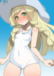 Rule 34 | 1girl, bare shoulders, blonde hair, blue background, blunt bangs, blush, braid, breasts, closed mouth, collarbone, covered navel, creatures (company), crying, embarrassed, game freak, green eyes, hat, lillie (pokemon), long hair, looking at viewer, nada haruka, nintendo, one-piece swimsuit, pokemon, pokemon (anime), pokemon sm (anime), simple background, small breasts, smile, solo, solo focus, sun hat, swimsuit, tears, twin braids, wavy mouth